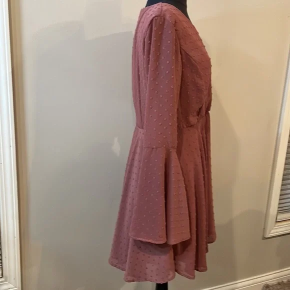 Altar’d State “Gigi” Dress. Chiffon Dots Sheath Dress W/Bell sleeves. Berry - Picture 5 of 12